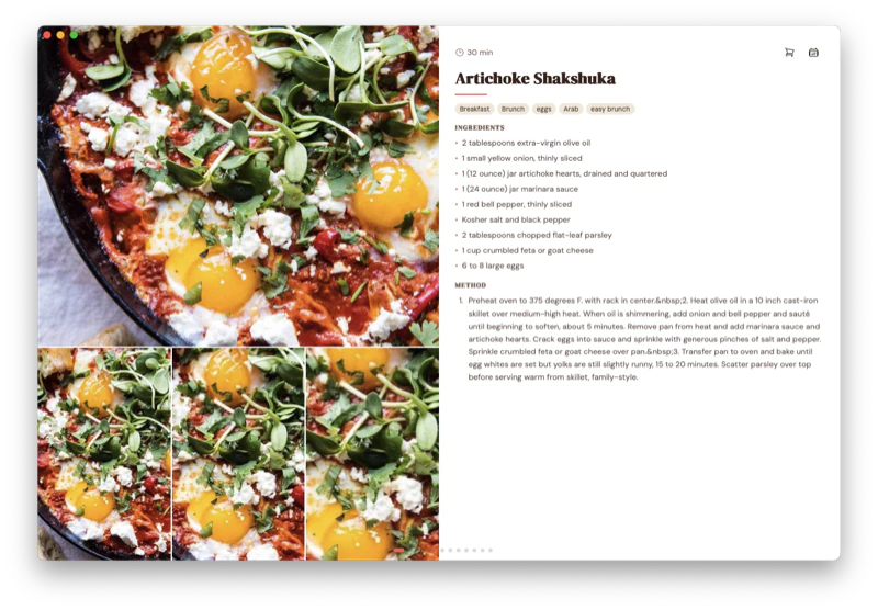 A recipe shown in Gratin's magazine layout, with a full-width photo laid out like an editorial spread