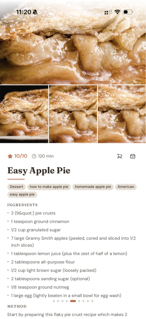 An Easy Apple Pie recipe in Gratin on iPhone, with a full-bleed photo, rating, ingredients, and method