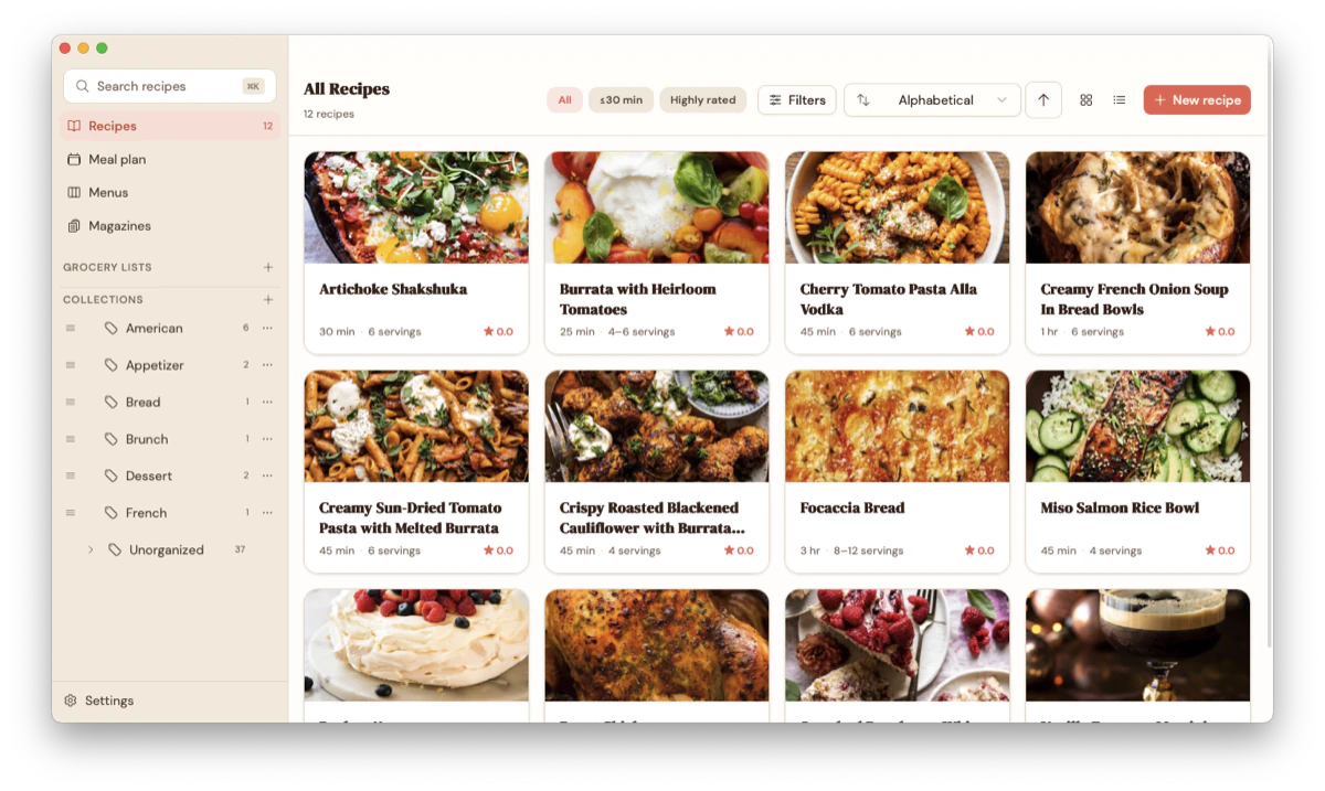 Gratin desktop app showing a collection of saved recipes with photos, ratings, and search filters